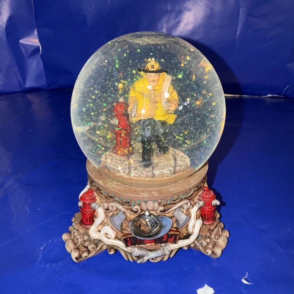 Fire Fighter Water Globe Music Box Plays Wind Beneath My Wings Wind Up Works